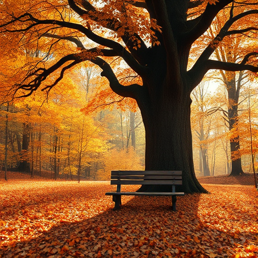 High-resolution image of an autumn forest, leaves in shades of orange, red, and gold carpeting the ground, soft sunlight filtering through the trees, a wooden bench nestled under a large oak, a slight breeze sending leaves tumbling through the air, the smell of pine and earth lingering.