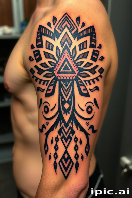 Tribal-inspired tattoo titled "Ancient Roots" incorporating bold geometric patterns and symmetrical designs inspired by various indigenous cultures around the world