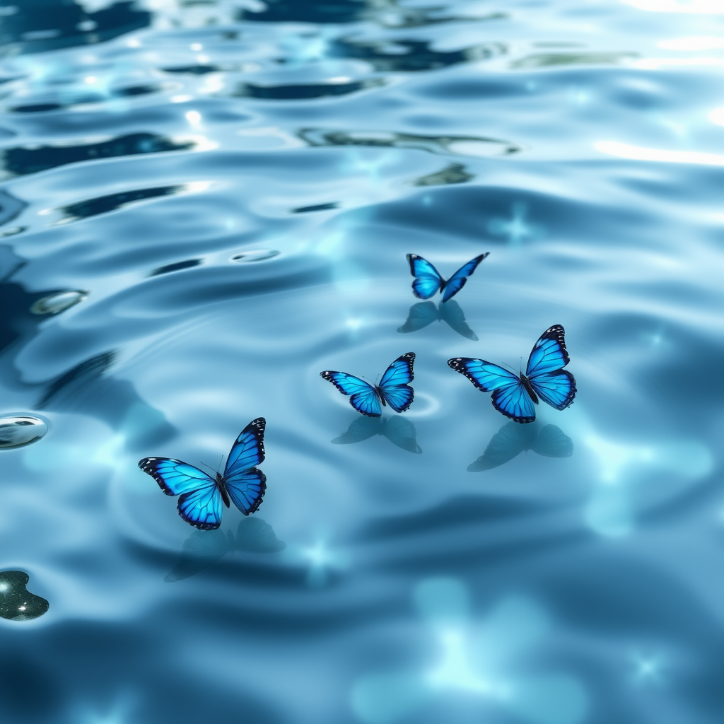Generate an image of serene water with gentle ripples, featuring several vibrant blue butterflies gracefully floating on the surface. The scene should capture the play of light reflecting off the water, creating a tranquil and dreamy atmosphere.