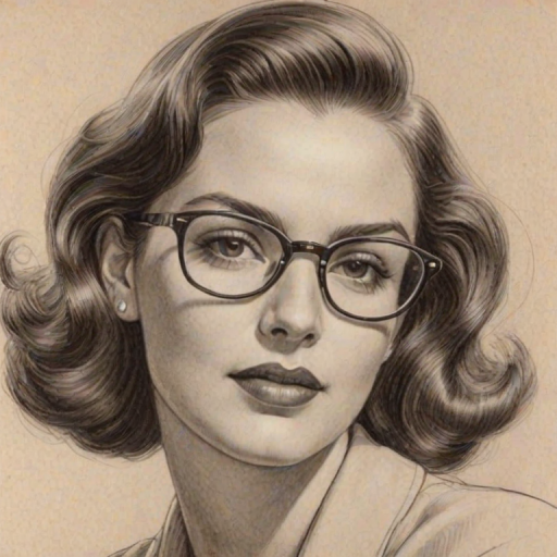 Exquisite Gina Kimmel, pencil sketch, portrait of Enticing woman 1941s in glasses, hair style beatnik, outline, clear lines, fine lines, 8k