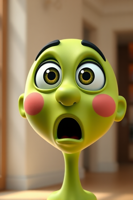 Create a highly detailed vector graphic of a surprised green cartoon face with large eyes and an open mouth, using a Canon EOS R5 camera with 85mm f/1.2 lens, aperture set to f/2.8, ISO 100, shot in daylight with soft natural lighting, and a shallow depth of field for a smooth background blur.