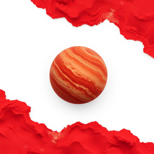 Create a vibrant illustration of a red planet with swirling textures and crater-like features, set against a stark white background, captured with a high-resolution digital camera at f/8 aperture, ISO 100, 24mm lens, top-down view, using a flat lay photography style for optimal clarity and detail.
