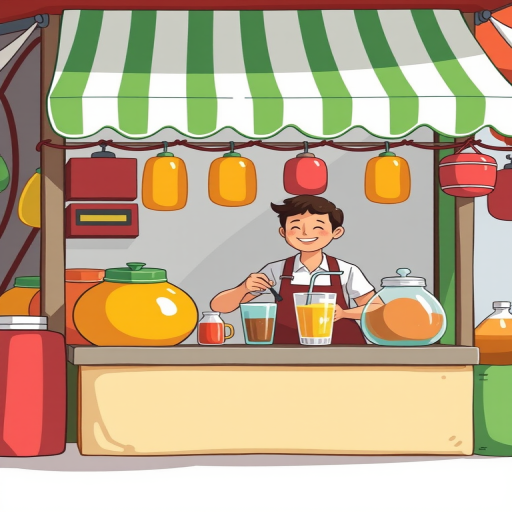 Create an illustration of a vibrant market stall with a smiling vendor preparing a drink, featuring large colorful containers and a green and white striped awning, using a bright color palette and clear lines, with a focus on simplicity and charm, high resolution, shot with a 35mm lens, f/8 aperture, natural lighting.