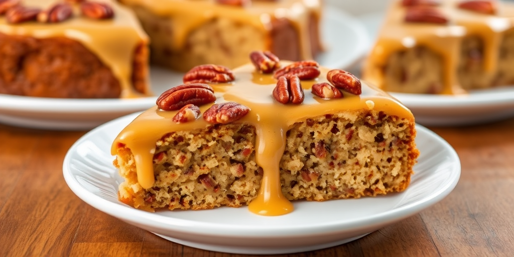 A delicious slice of pecan pie cake topped with a creamy caramel glaze and sprinkled with chopped pecans served on a white plate with additional slices in the background on a wooden table.