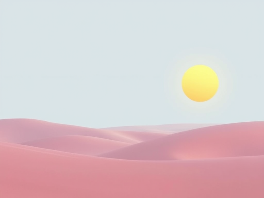 Create a minimalistic landscape with rolling hills in soft pastel pinks, a light blue sky, and a large yellow sun, using a soft-focus lens, aperture f/8 for depth of field, 50mm lens, taken at sunrise for warm lighting.