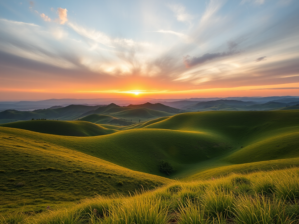 Generate a high-quality image of a serene landscape featuring rolling hills and a sunset in the background, captured with a Canon EOS R5, 50mm lens, f/1.8 aperture, ISO 100, at a 1/200 second shutter speed, in vivid colors with a soft focus effect.