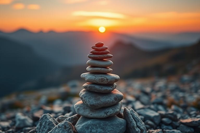 Regenerate the image of a stacked stone cairn in a mountainous landscape during sunset, with a Canon EOS 5D Mark IV, f/8 aperture, ISO 100, 50mm lens, soft focus background, warm color grading, and enhanced depth of field.