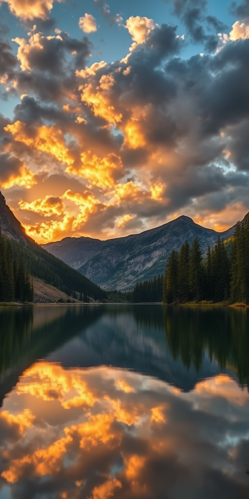 landscape of a serene lake surrounded by evergreen trees and mountains at sunset, reflections in the water, dramatic clouds in the sky, taken with a DSLR camera, 24mm lens, f/8 aperture, ISO 100, 1/200s shutter speed, shot in HDR style, golden hour lighting