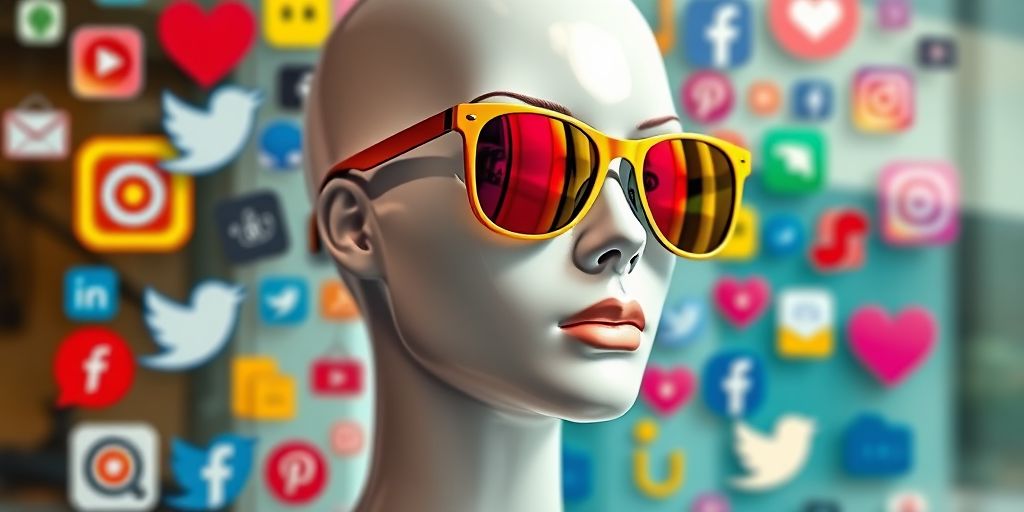 Create a vibrant digital collage featuring a mannequin face with stylized sunglasses, surrounded by colorful social media icons and symbols, using a Canon EOS R5, 50mm lens, f/1.8 aperture, ISO 100, 1/200s shutter speed, vibrant colors, shallow depth of field.