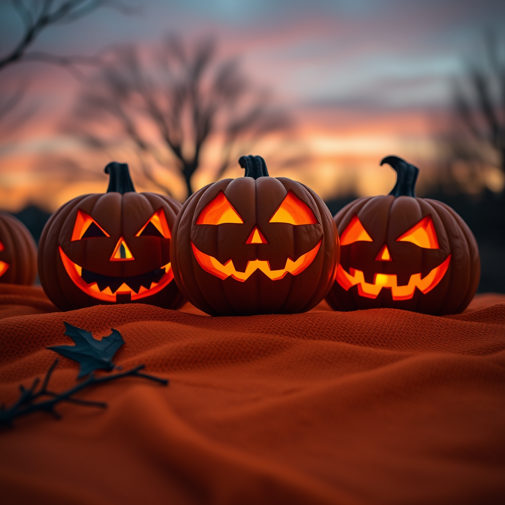 Create a Halloween scene featuring three intricately carved jack-o'-lanterns with glowing faces on a textured orange surface at twilight, captured with a Canon EOS R5, 50mm f/1.8 lens, aperture set to f/2.8, ISO 100, and a warm color balance for enhanced mood.