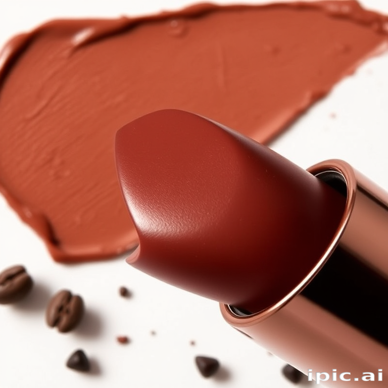 Velvety chocolate brown lipstick with a satin finish, called "Mocha Luxe," featuring a rich, creamy formula and subtle coffee aroma, complementing warm-toned makeup palettes