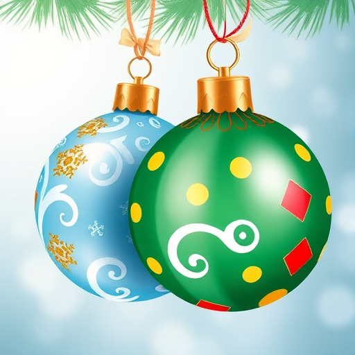 Create a vibrant, high-resolution illustration of two holiday ornaments, one in light blue with white swirls and golden snowflakes, and the other in rich green with red diamonds and yellow circles, shot with a DSLR camera at f/2.8, 50mm lens, ISO 100, in soft natural lighting to enhance details and colors.
