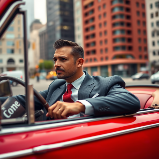 A man in a suit driving a vintage red car with a cityscape backdrop, vibrant colors, soft focus, shot with a DSLR camera at ISO 100, f/2.8 aperture, 50mm lens, natural lighting, high dynamic range.