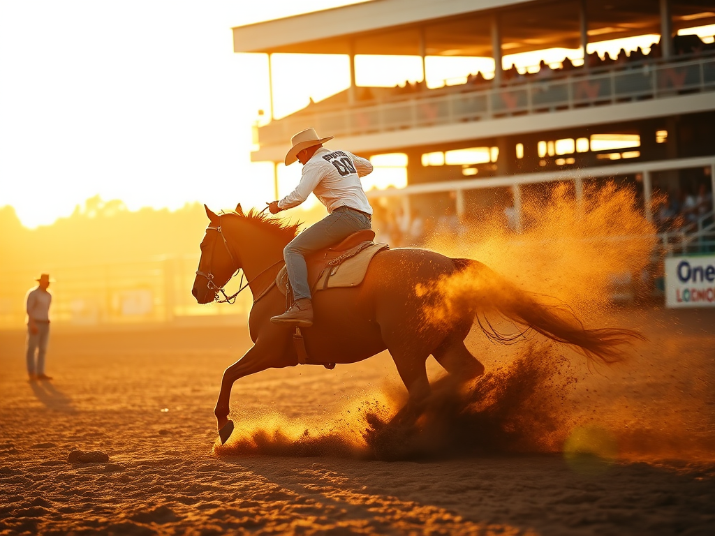 capture a dynamic rodeo scene featuring a rider skillfully controlling a horse in mid-action with dust flying, shot during golden hour with a shallow depth of field, using a DSLR camera with a 50mm lens at f/2.8, ISO 200, shutter speed 1/1000s, from a low angle to emphasize the motion and excitement of the event
