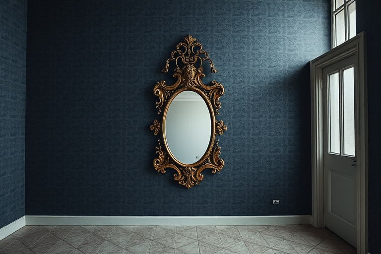 interior room with a vintage ornate mirror on dark textured wallpaper and a tiled floor, use a DSLR camera with a 24mm lens, aperture f/8, ISO 100, 1/50 sec exposure, taken from a wide-angle view to enhance depth and detail