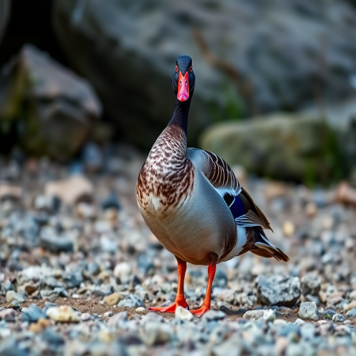 Muscovy duck standing on rocky ground, shallow focus, natural light, ISO 200, f/4, 1/250 sec, 50mm lens, low angle view, DSLR camera.