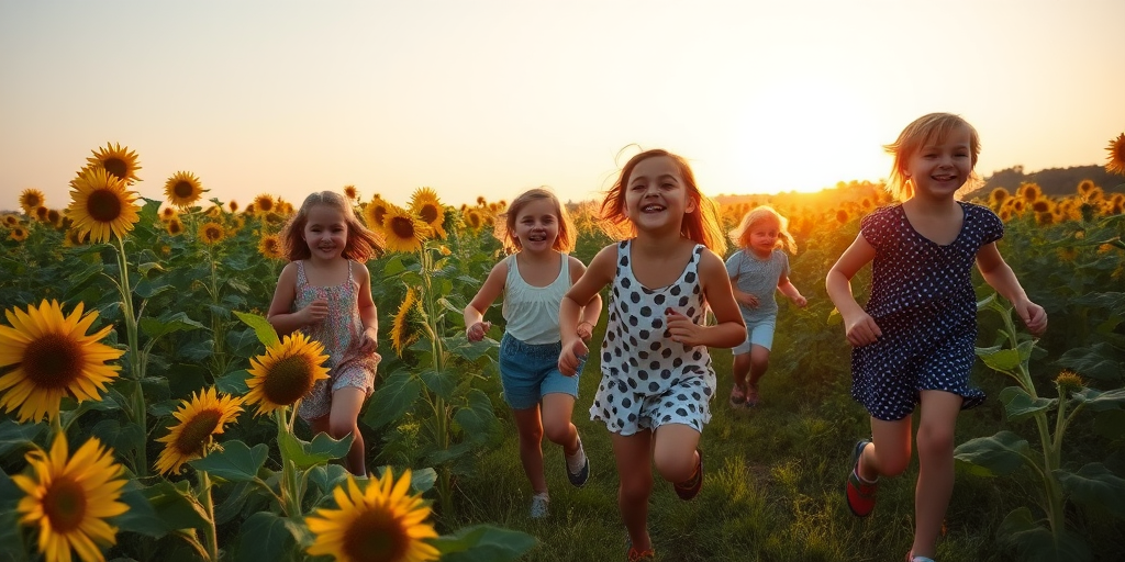 Children running through a sunflower field, their laughter echoing in the warm afternoon air, as the sun dips lower in the sky.