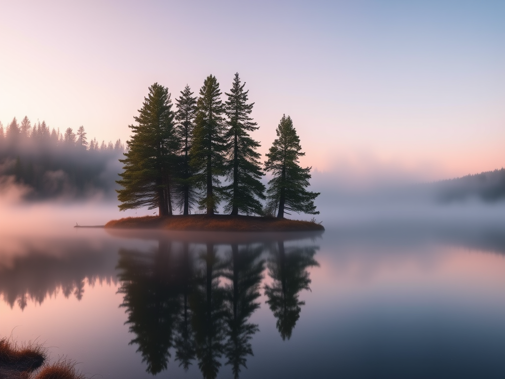 Create an image of a serene landscape at sunrise featuring mist over a calm lake surrounded by pine trees, captured with a DSLR camera at f/8 aperture, ISO 100, 1/200 shutter speed, with a wide-angle lens at 24mm, using a soft focus style for a dreamy effect.