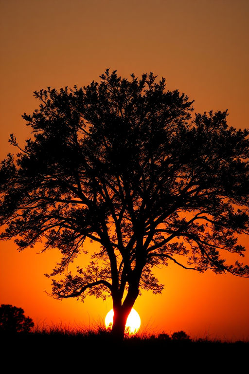 Generate an image of a silhouette of a tree against a sunset background, using a DSLR camera with a 50mm lens, f/8 aperture, ISO 100, and a shallow depth of field for enhanced clarity, shot from a low angle to emphasize the height of the tree.