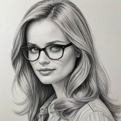 Ravishing Fiona Gubelmann, pencil sketch, portrait of Appealing woman 1968s in glasses, hair style beatnik, outline, clear lines, fine lines, 8k
