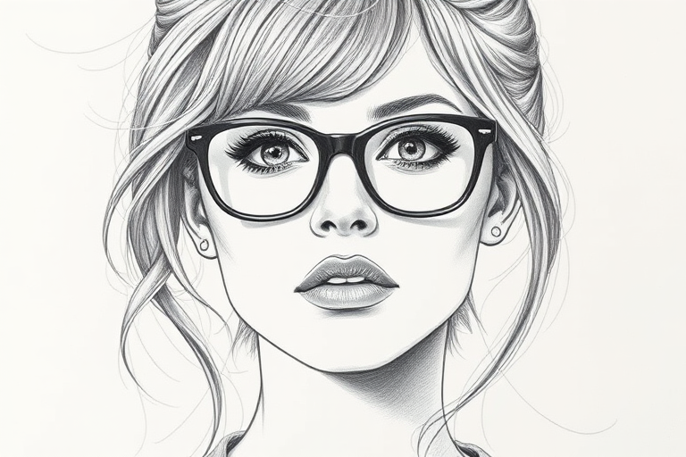 Beautiful Kristen Stewart, pencil sketch, portrait of beautiful woman 60s in glasses, hair style beatnik, outline, clear lines, fine lines, 8k