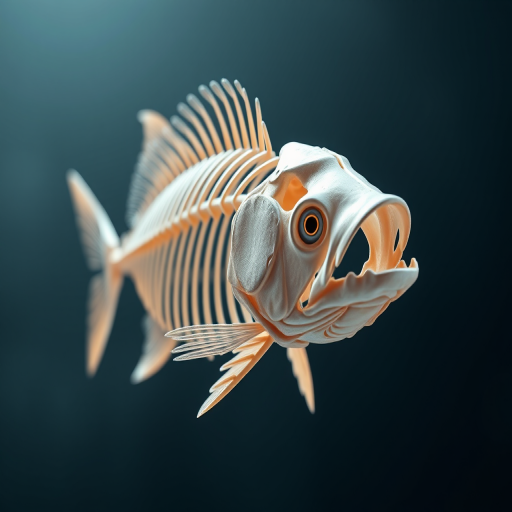 highly detailed 3D render of a fish skeletal structure, studio lighting, macro lens, f/8 aperture, 1/125 sec shutter speed, ISO 100, soft focus background, front view, photorealistic style, high resolution