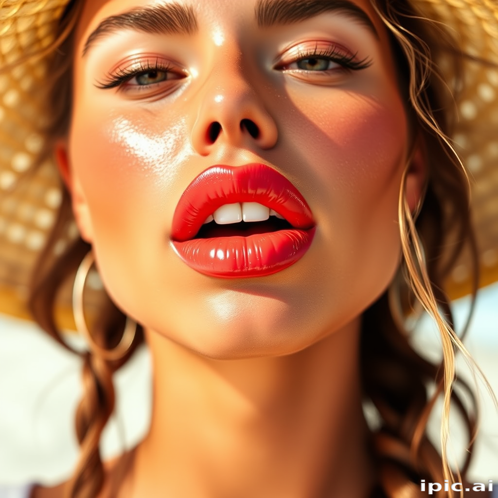 Vibrant Coral Crush lip color adorns a model's full lips, creating a sun-kissed glow that complements her bronzed skin and beach-inspired makeup look, perfect for summer adventures