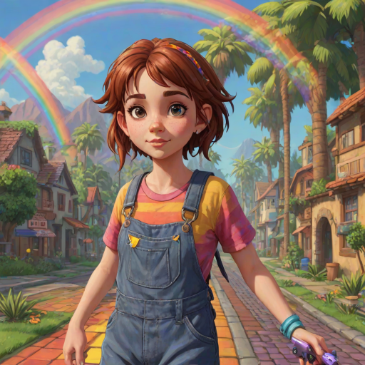 (VGA graphics, 256 colors, digitized), lcas artstyle, 1girl, (detailed facial features), super cute, adorable, Rainbow Road, <lora:Lucasarts Artstyle - (Trigger is lcas artstyle):1>