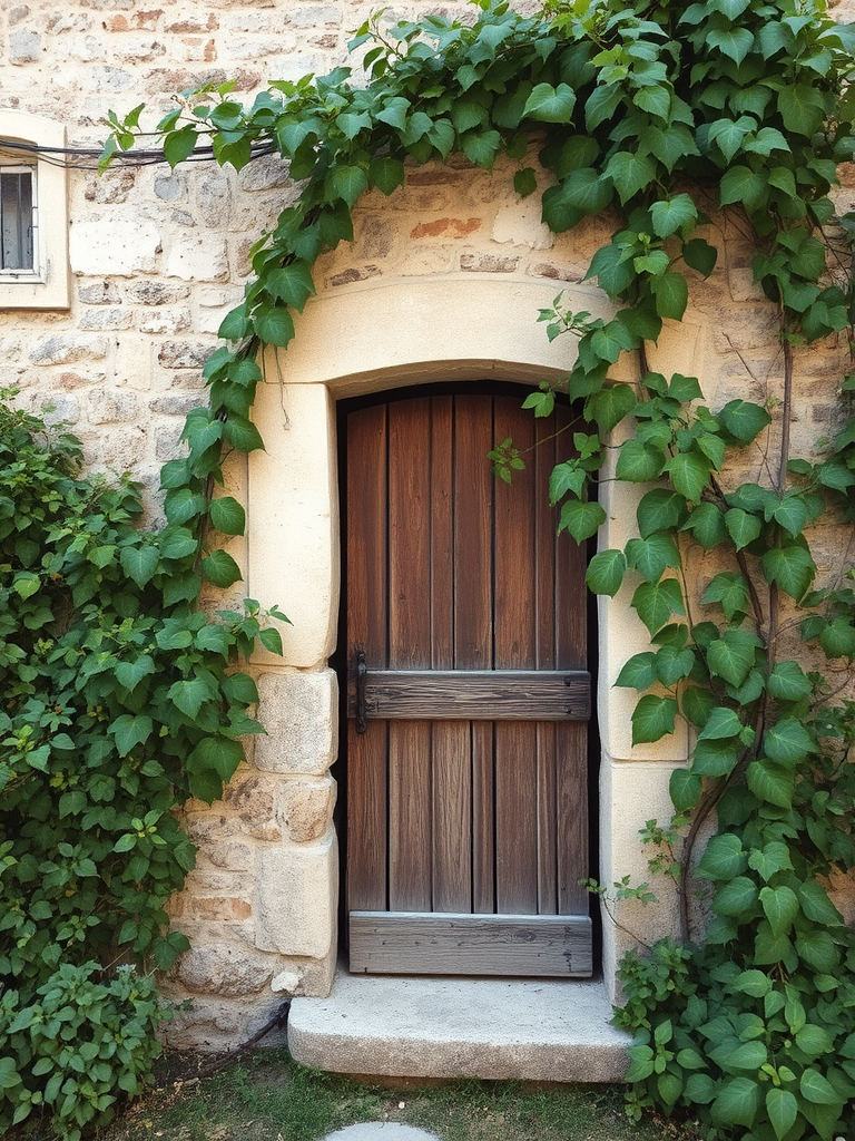 a weathered stone wall with an old wooden door partially opened, surrounded by lush green foliage and a twisting vine, soft natural light illuminating the scene, rustic and charming atmosphere