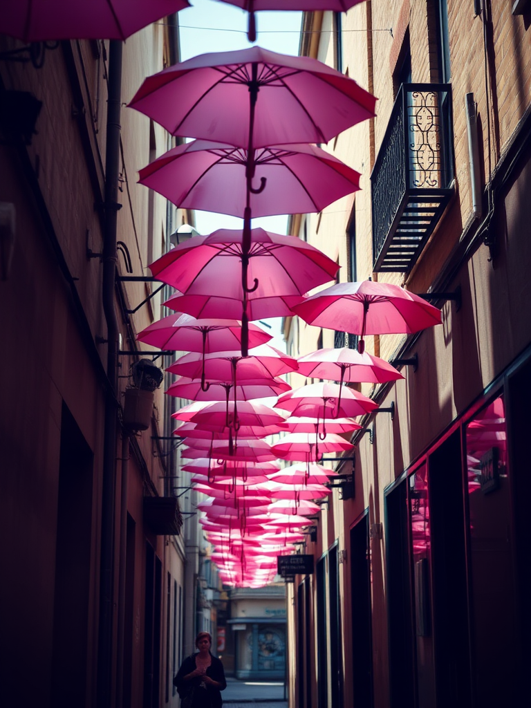 Capture a narrow street scene adorned with floating pink umbrellas, featuring soft natural lighting, using a DSLR camera with a 35mm lens, aperture f/5.6, ISO 200, and a focal length of 24mm for enhanced depth and clarity.