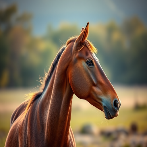 photograph of a brown horse in profile with a blurred natural background, soft lighting, shallow depth of field, aperture f/2.8, ISO 100, shutter speed 1/200s, taken with a DSLR camera, 85mm lens, golden hour lighting