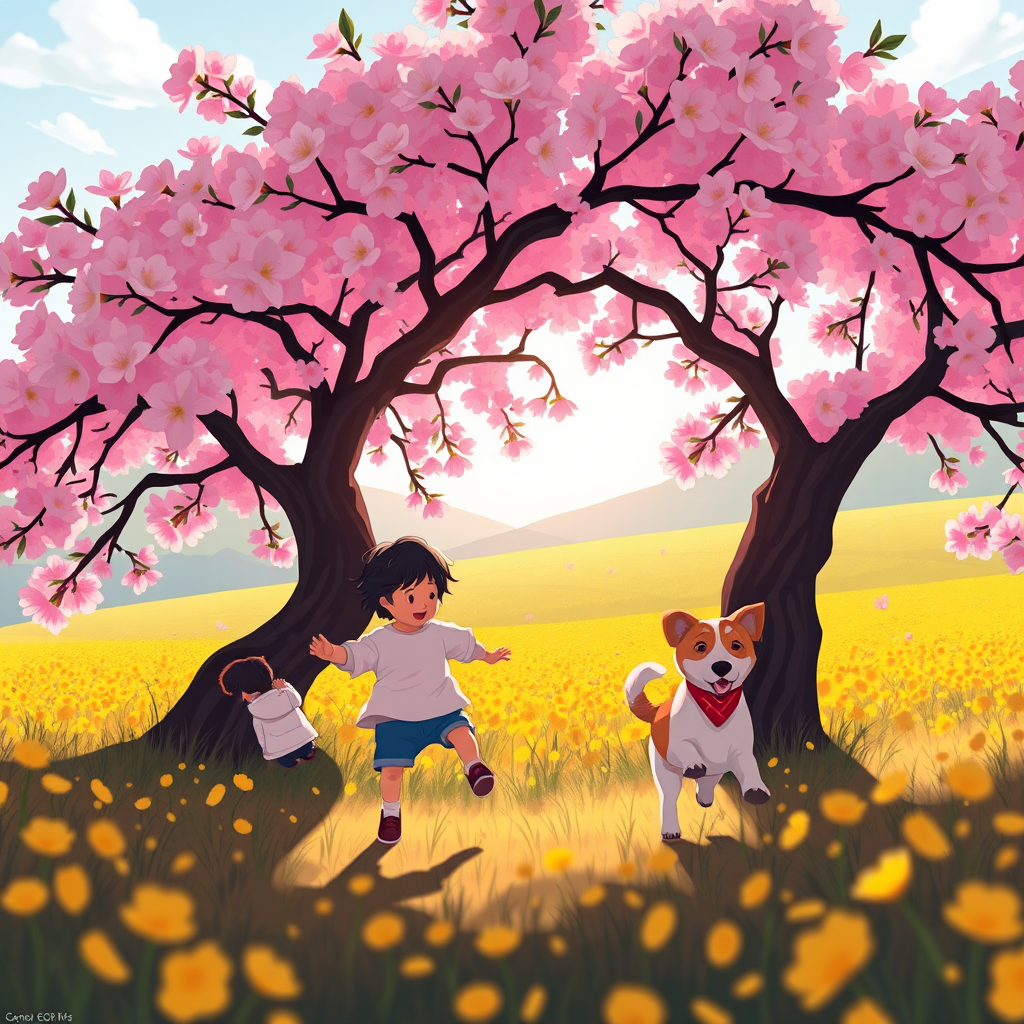 Generate a vibrant illustration of a child racing with a dog under a blooming cherry blossom tree, in a bright, colorful landscape with fields of yellow flowers, shot with a Canon EOS R5, 50mm lens, f/1.8 aperture, ISO 100, natural soft light, capturing a whimsical and joyful atmosphere.