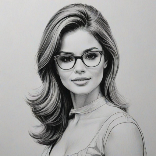 Comely Cheryl Cole, pencil sketch, portrait of Ravishing woman 1961s in glasses, hair style beatnik, outline, clear lines, fine lines, 8k