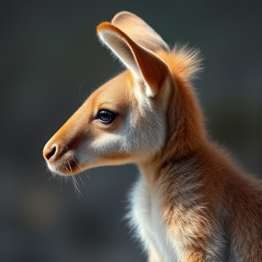 Create a high-resolution image of a kangaroo joey in profile view, with soft natural lighting, using a Canon EOS R5 camera, 50mm lens, aperture f/2.8, ISO 200, and a shallow depth of field to enhance the details and textures of the fur.