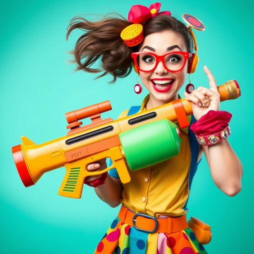 A playful woman holds a bazooka with a mischievous grin, her pose exaggerated and cartoonish. She’s dressed in a colorful, quirky outfit with oversized accessories, giving her a whimsical and fun appearance. The bazooka, although large, is designed in a cute, almost toy-like style, adding to the humorous and lighthearted vibe of the scene. The background is bright and cheerful, enhancing the overall playful atmosphere.
We share ALL our prompts in the Bing Image Prompts group: