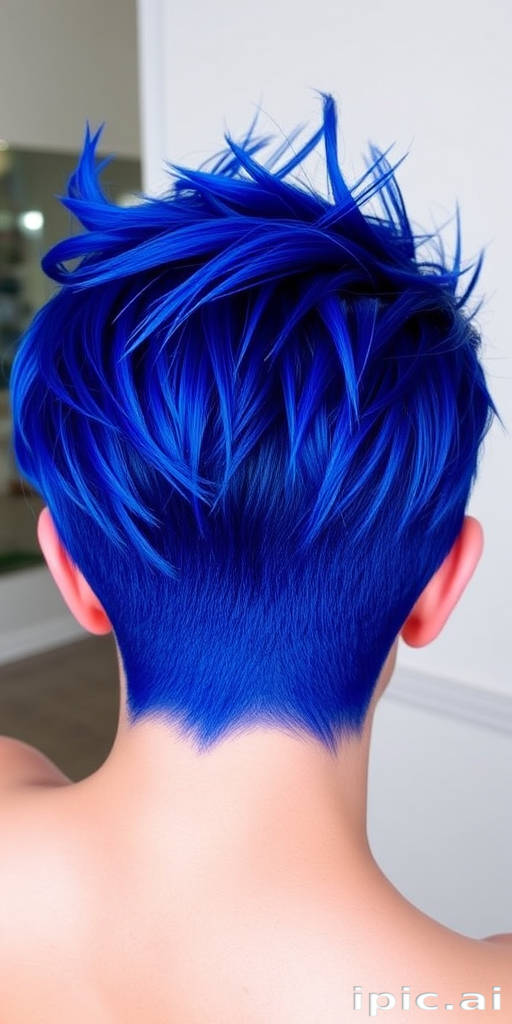 Striking cobalt blue pixie cut named "Sapphire Siren" with textured spiky crown, faded sides and nape, electric blue highlights accenting top layers, edgy asymmetrical fringe, high-contrast look with shaved designs