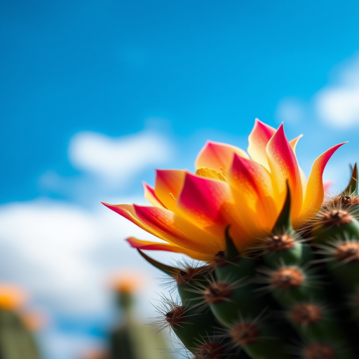 Close-up shot of a blooming cactus flower against a blue sky, aperture f/2.8, shutter speed 1/200 sec, ISO 100, macro lens, DSLR camera, vivid colors and high contrast.