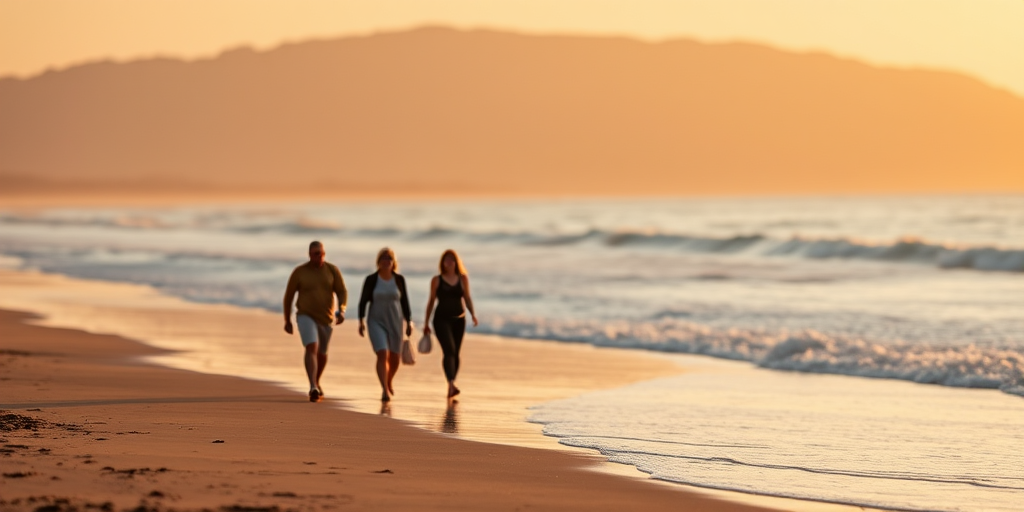 Capture a serene beach scene with five people walking along the shoreline during golden hour, using a Canon EOS R5, 35mm lens, f/2.8 aperture, ISO 100, 1/200 sec shutter speed, shallow depth of field, and soft focus on the background for enhanced image quality.