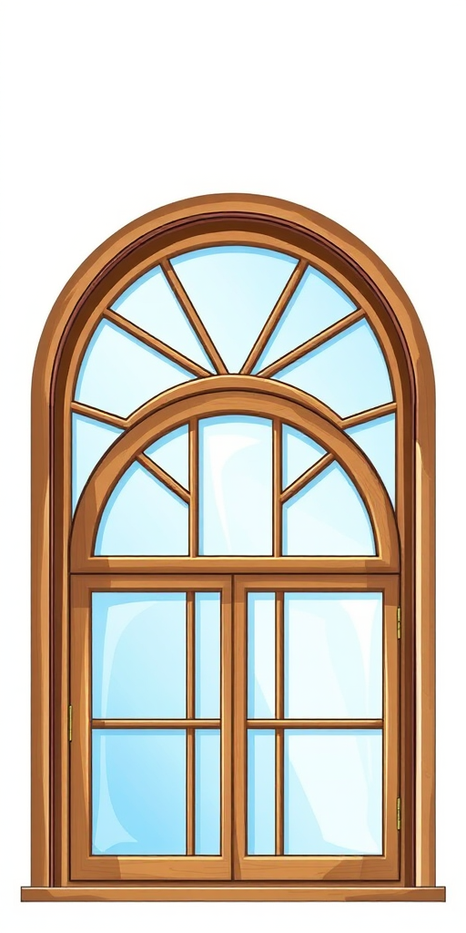 Regenerate a detailed illustration of an arched window with a circular top section and wooden frame, bright blue glass reflecting light, shot with a DSLR camera at f/8 aperture, ISO 100, 50mm lens, natural lighting, clean background for enhanced clarity.