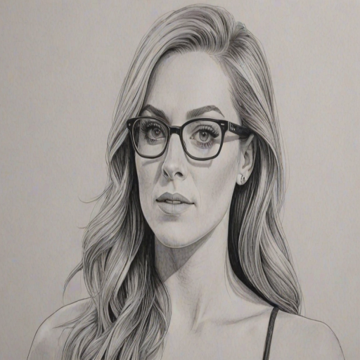Delightful Becky Lynch, pencil sketch, portrait of Magnificent woman 1965s in glasses, hair style beatnik, outline, clear lines, fine lines, 8k