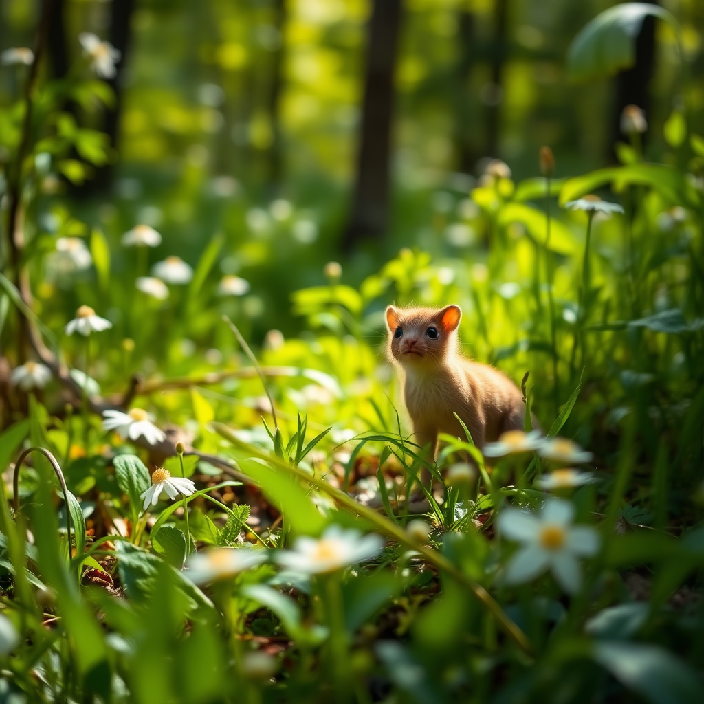 A curious forest creature in a lush, sunlit woodland, soft focus, vibrant greens and delicate flowers in the foreground, 50mm lens, f/1.8 aperture, ISO 200, natural light, DSLR camera.