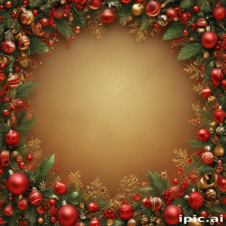 Festive Holiday Frame Adorned with Red Ornaments and Greenery Decoration