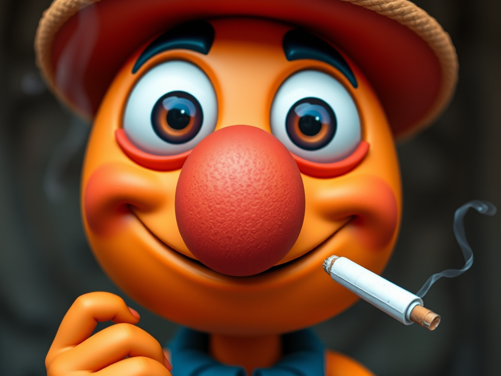 Create a vibrant cartoon character with a round orange face, large expressive eyes, a red nose, and a relaxed smile, holding a cigarette; use a close-up view with a Canon EOS 5D Mark IV, aperture f/2.8, ISO 100, and 50mm lens for sharp details and vivid colors.