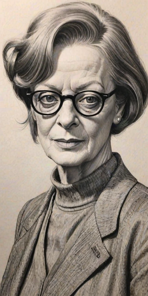 Magnificent Maggie Smith, pencil sketch, portrait of Ravishing woman 1923s in glasses, hair style beatnik, outline, clear lines, fine lines, 8k