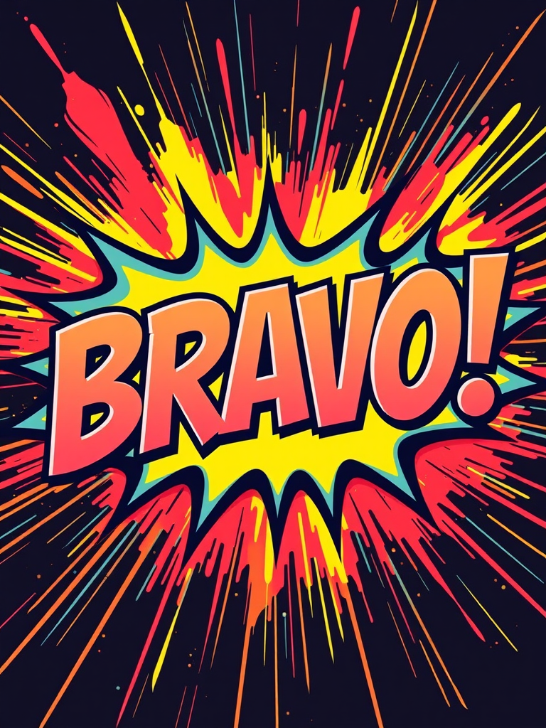 Create an image of a vibrant comic-style "BRAVO!" text, using a bright color palette with a dynamic explosion background, shot with a DSLR camera at f/2.8 aperture, ISO 100, and a 50mm lens.
