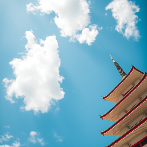 towering pagoda against a bright blue sky with fluffy white clouds, taken with a DSLR camera, aperture f/8, ISO 100, 18mm lens, shot from a low angle for dramatic perspective.