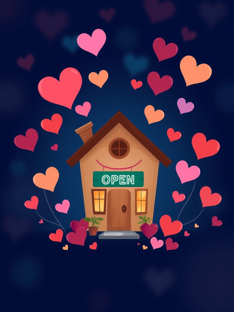Create an illustration of a heart-shaped house with an "OPEN" sign, surrounded by floating colorful hearts against a dark blue background, using a high-resolution digital camera with a 50mm lens at f/1.8, ISO 100, and a shallow depth of field for a soft bokeh effect.