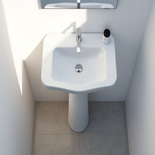 Create a high-resolution digital illustration of a modern bathroom sink with a sleek pedestal design, soft natural lighting, top-down view, using a DSLR camera with a 50mm lens, aperture f/2.8, ISO 100.