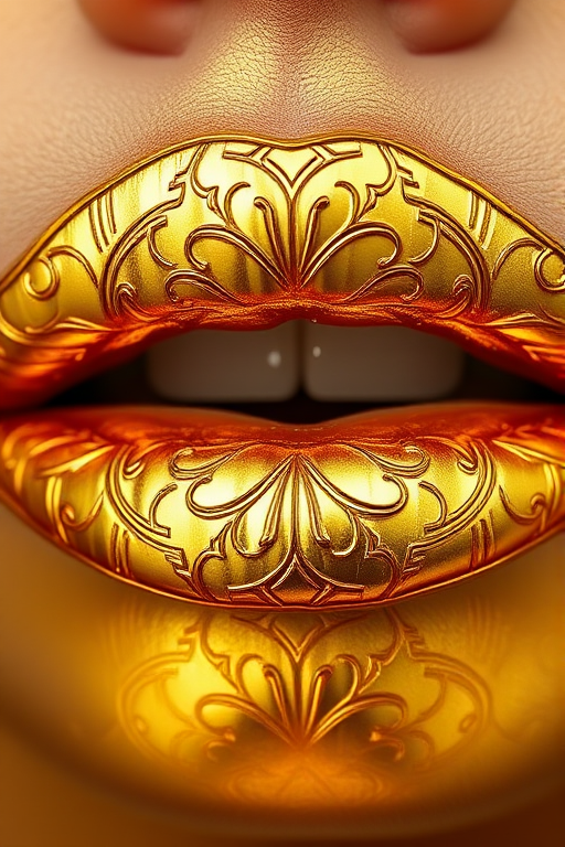 Glamorous metallic gold lips with a high-shine finish, featuring intricate Art Deco-inspired patterns etched into the surface for added texture and dimension