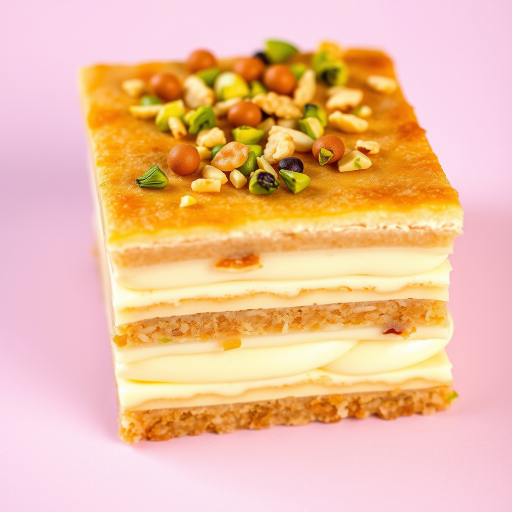 A rectangular dessert made of layers of creamy filling and crispy pastry, topped with chopped pistachios and walnuts, sitting on a light pink background. The dessert has a golden brown and slightly caramelized appearance on top, with visible layers showcasing the creamy texture.
